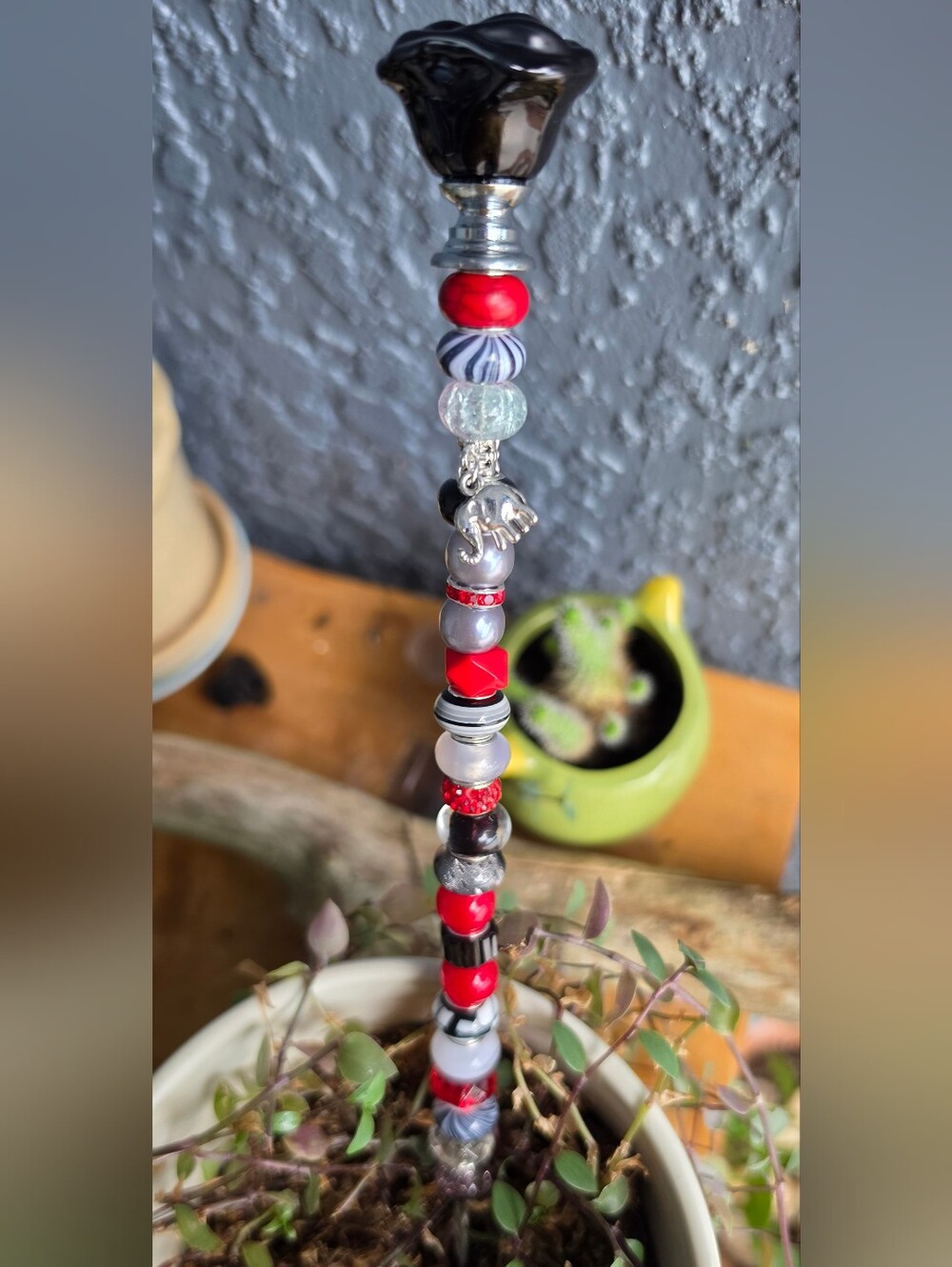 Handmade Beaded Plant Stake, With Black Rose And Elephant Charm